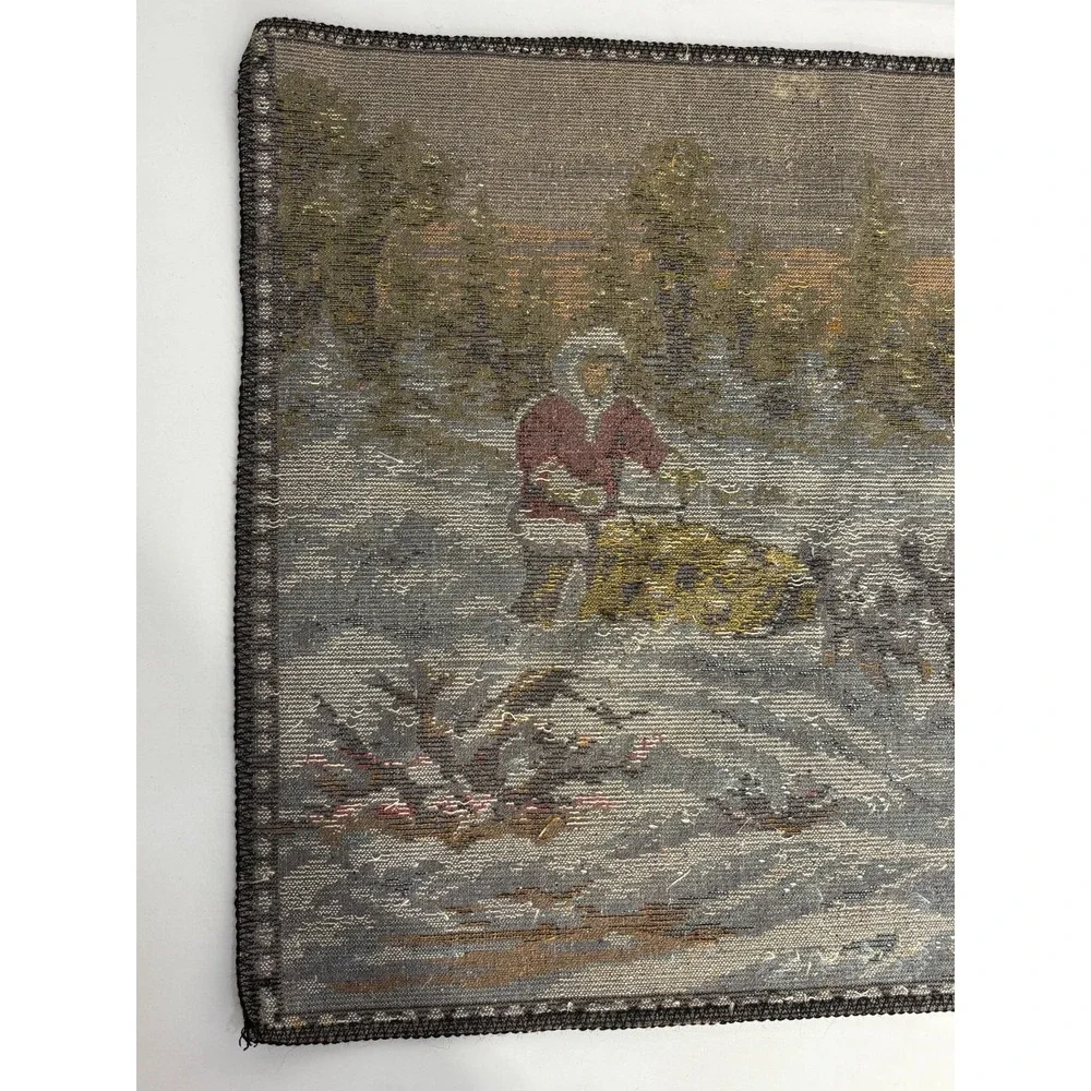 Vintage Rug Italian Woven Plush Velvet Alaskan Husky Tapestry Dogsled Clean
